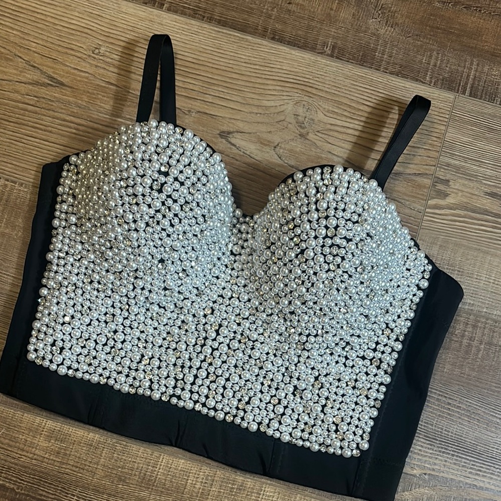Black and Silver Embellished Bustier Crop Top